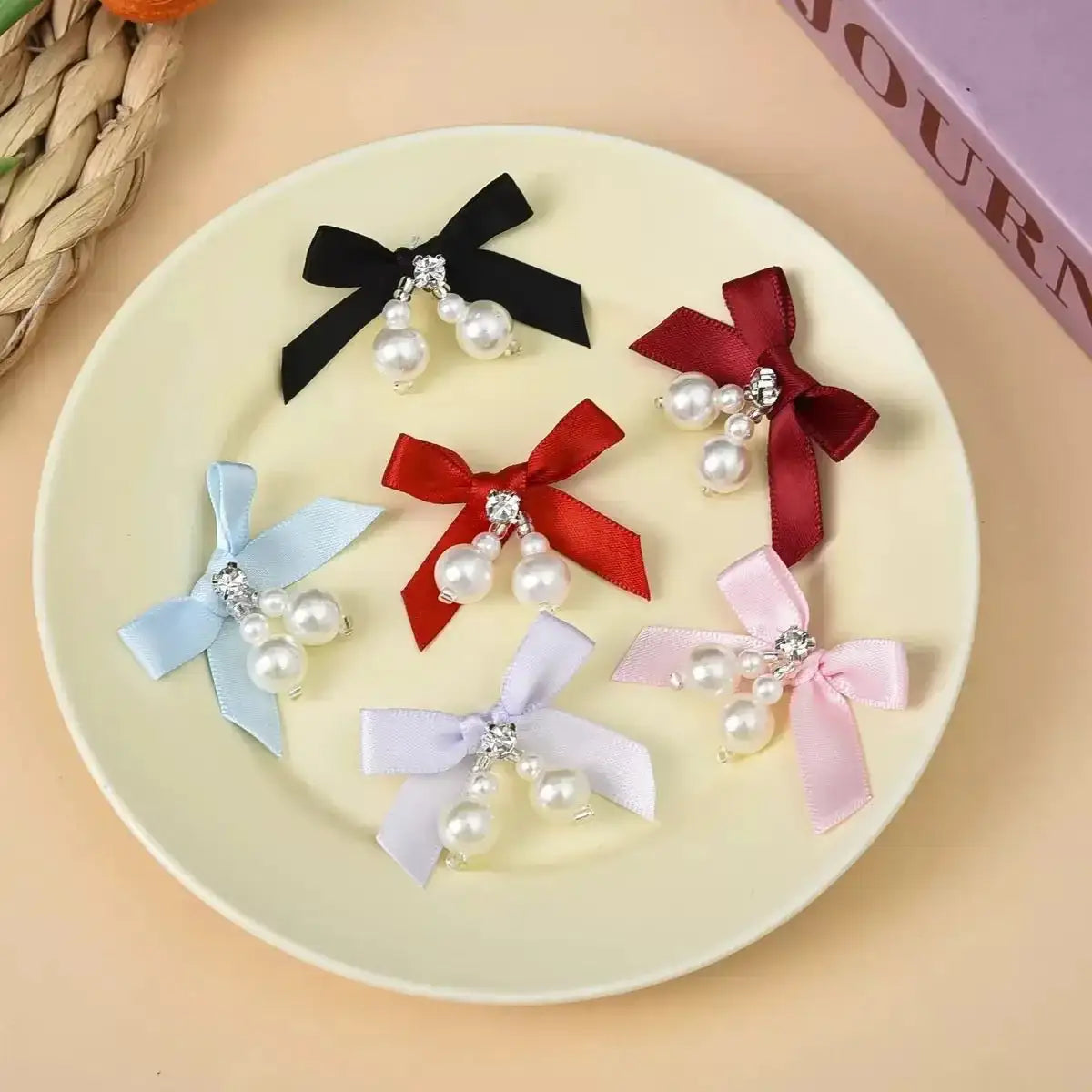 FS10151-3.5×4.7cm Fabric Bow With Pearl Dangle For Making Fancy Beads -Zoe DIY Wholesale