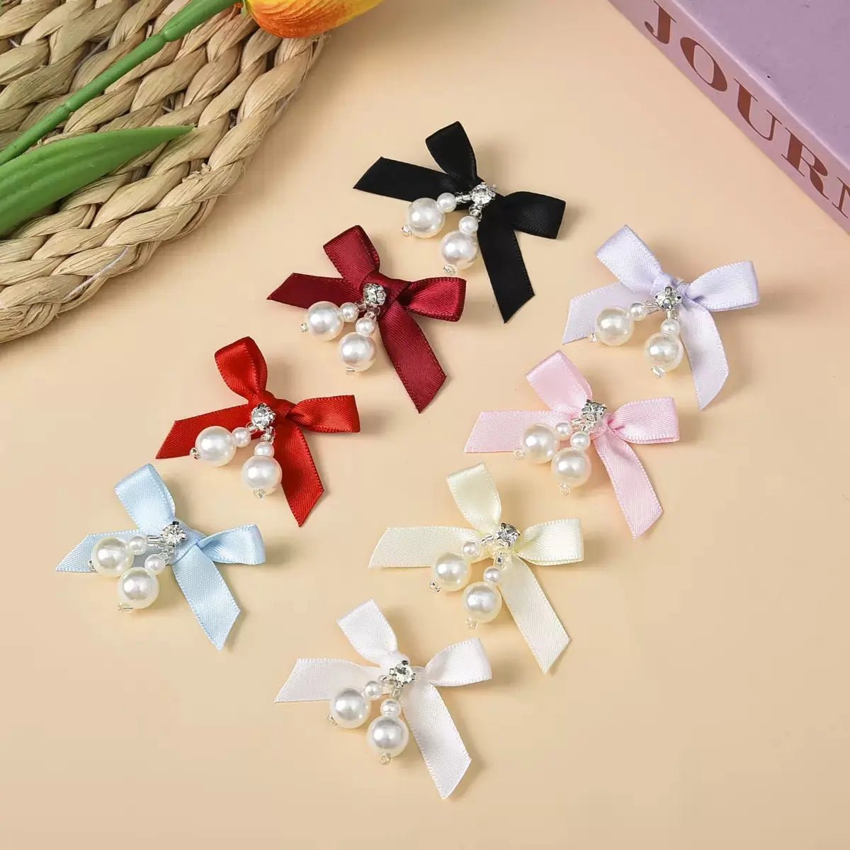 FS10151-3.5×4.7cm Fabric Bow With Pearl Dangle For Making Fancy Beads -Zoe DIY Wholesale