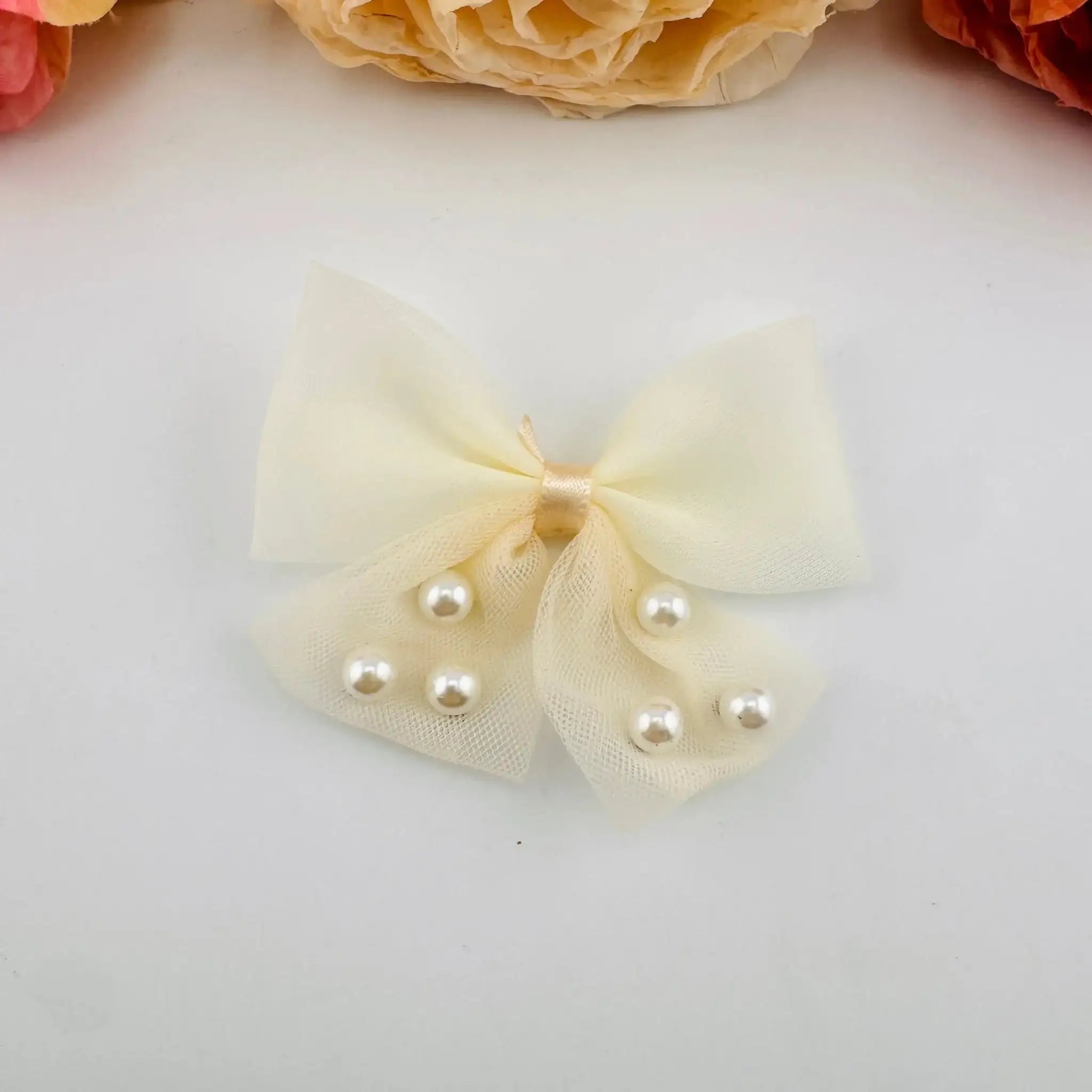FS101576-About 7×8.5cm Pearl Fabric Bow For Making Fancy Beads -Zoe DIY Wholesale