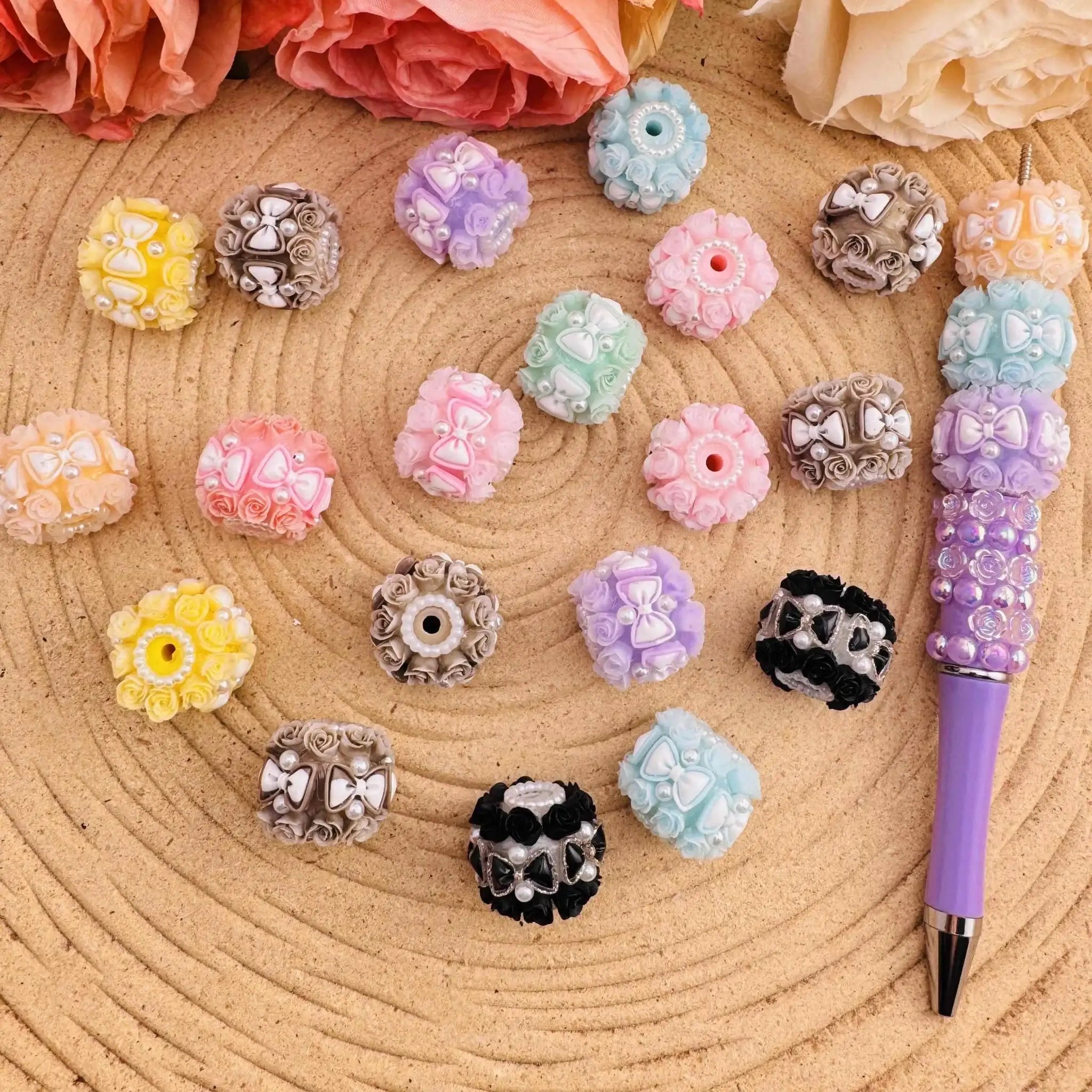 FS10483-18mm Random Mixed Luminous Flower Fancy Beads For Beadable Pens Keychain Jewelry Making -Zoe DIY Wholesale