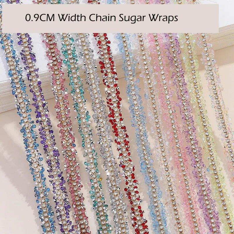 FS1301-0.9cm Width Sugar Diamonds Wraps tapes With Gold Chain In Middle For Making Fancy Bead -Zoe DIY Wholesale