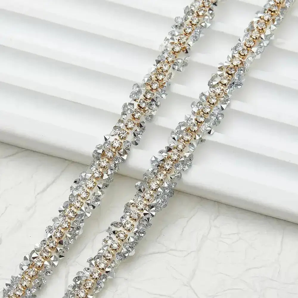 FS1301-0.9cm Width Sugar Diamonds Wraps tapes With Gold Chain In Middle For Making Fancy Bead -Zoe DIY Wholesale
