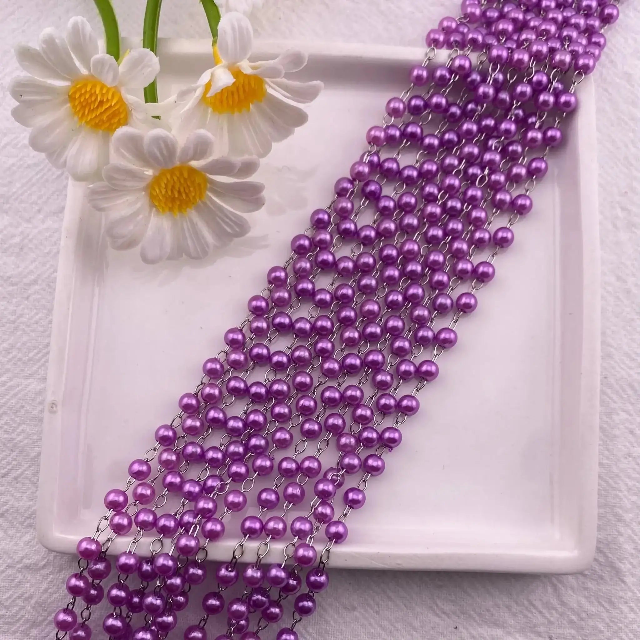 FS2993-Plated Pearl Beads Chain Bulk for Jewelry Making 4mm Pearls Beaded Brass Oval Link Chains Roll Spool for DIY Craft Jewelry Making -Zoe DIY Wholesale