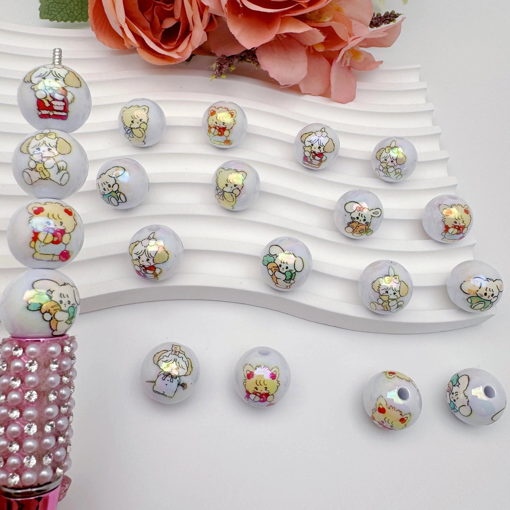 FS4259-Solid White Random Mixed mikoo Printed Acrylic Beads Fit For Beadable Pens -Zoe DIY Wholesale