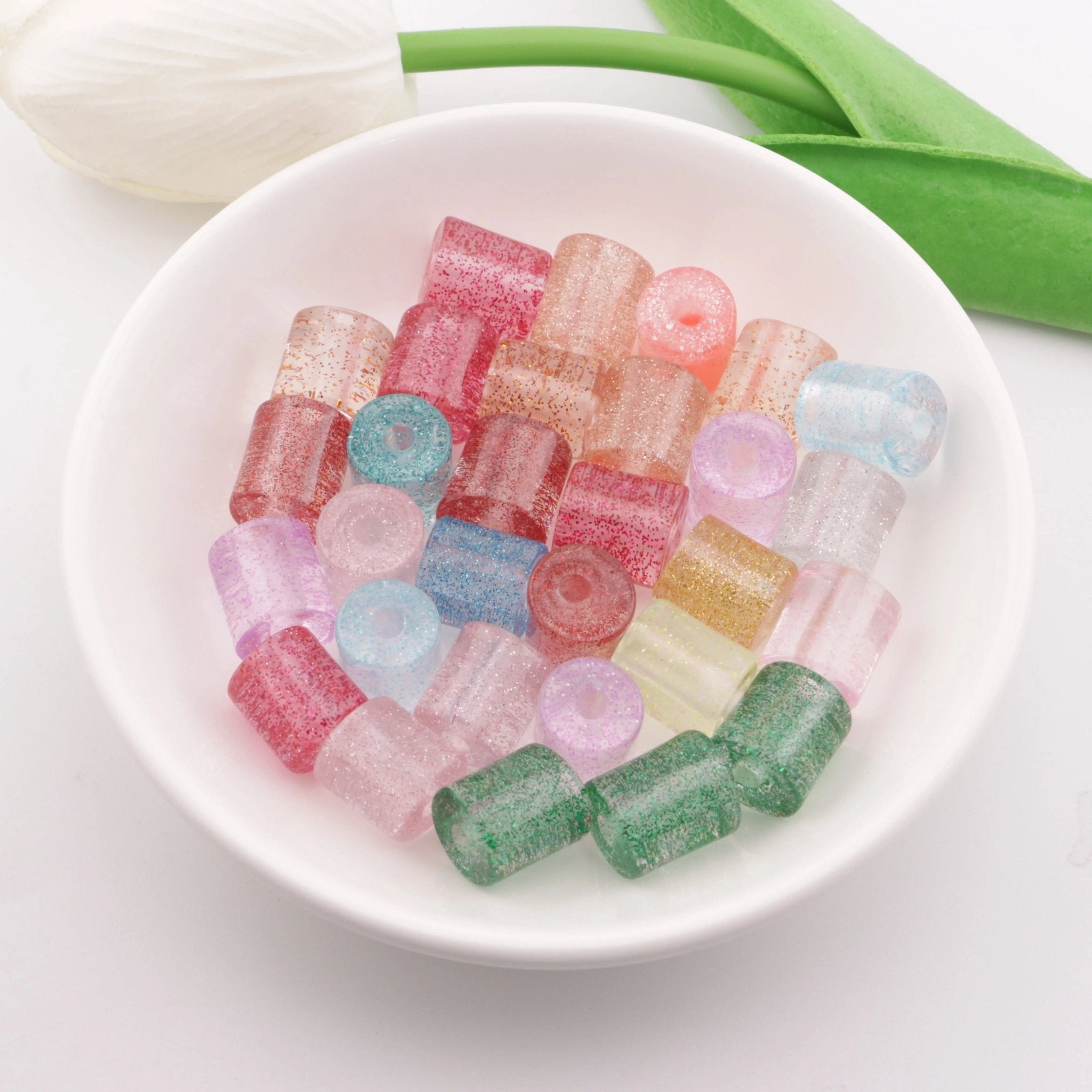 FS5888-12.5mm High, 11mm Diameter, Cylindrical Resin Beads With Fine Glitter -Zoe DIY Wholesale