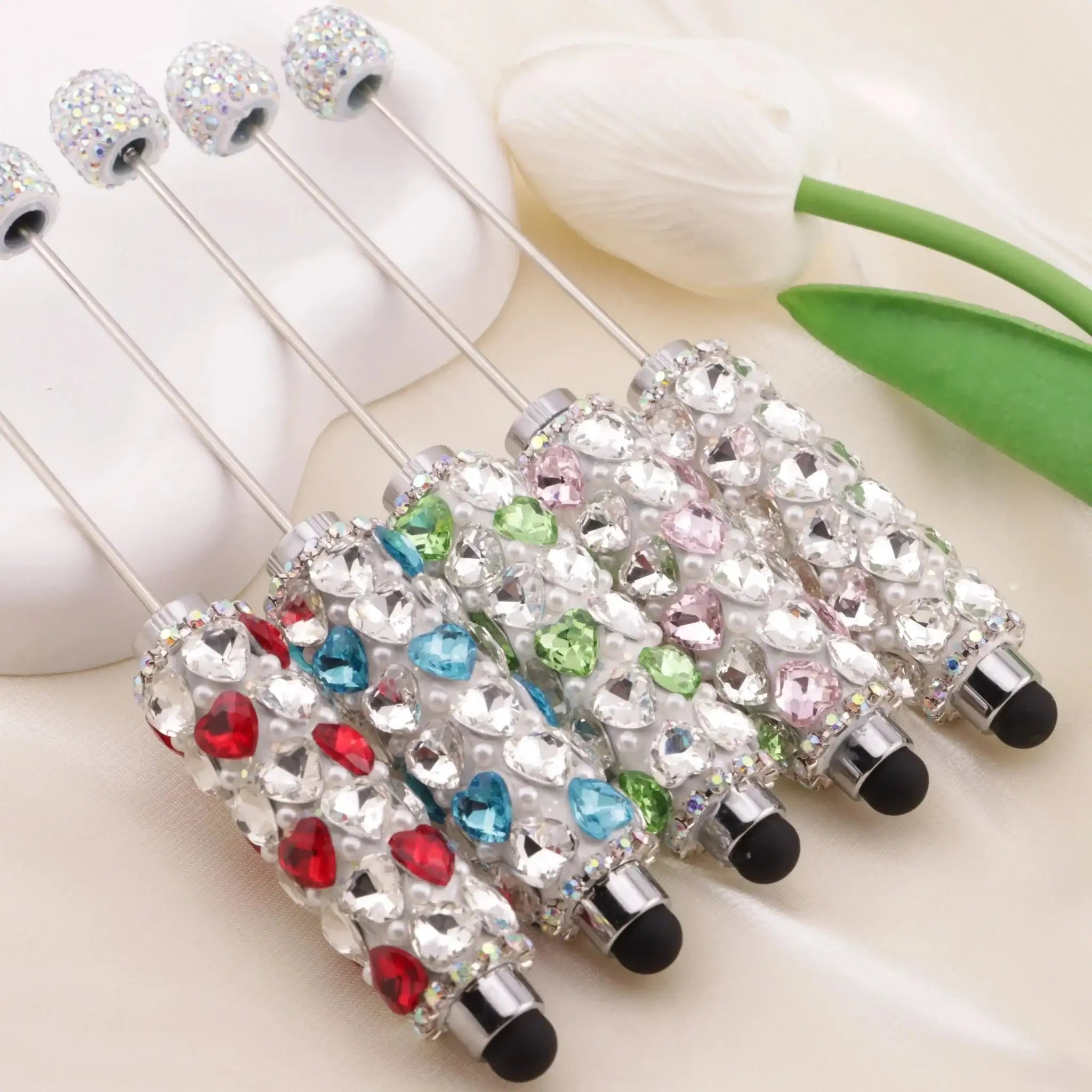 FS6396-Full Of Love Diamonds Beadable Stylus Pens Lovingly Heart - Shaped Diamond - Strung Bead Stylus Pens -Zoe DIY Wholesale