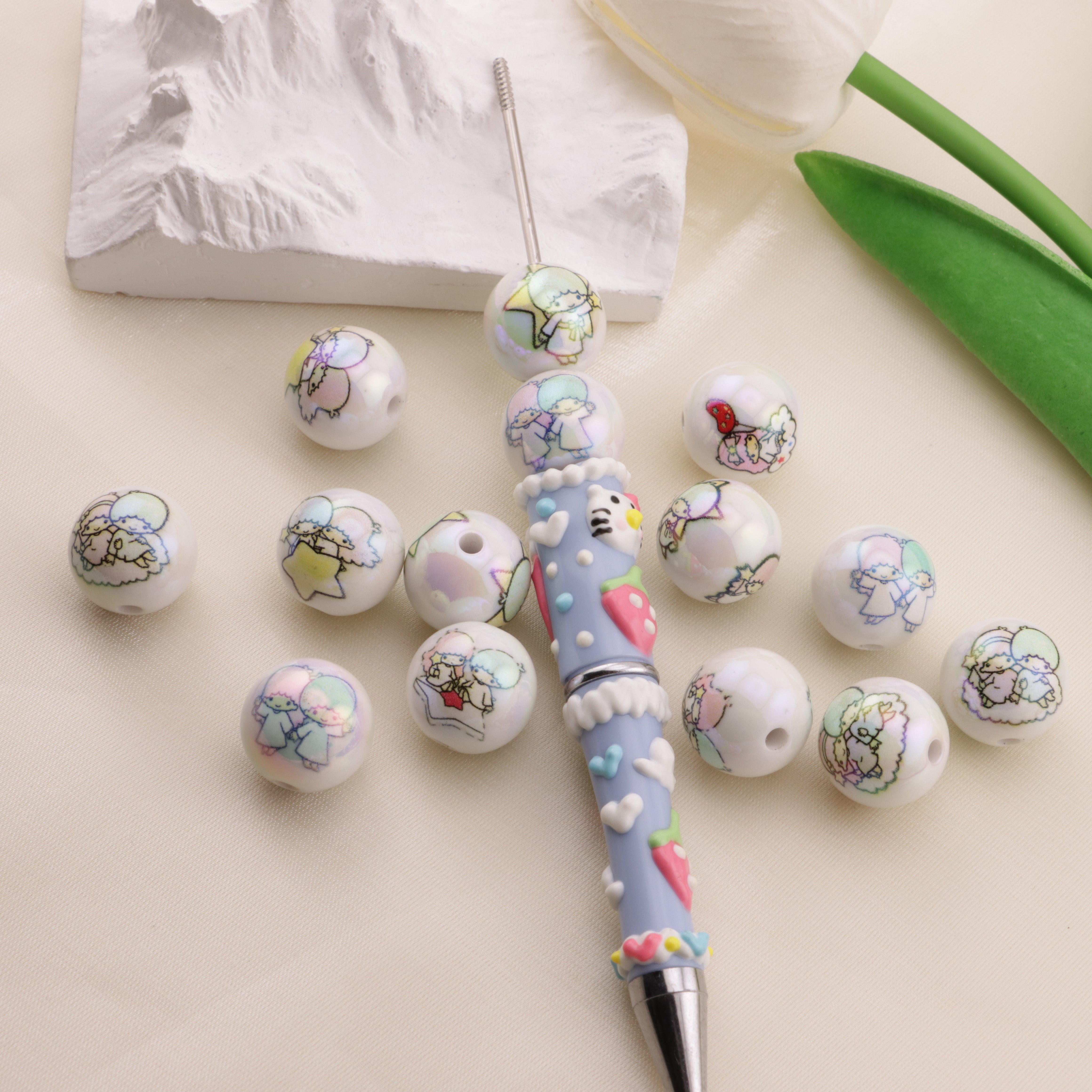FS6496- 16mm White Printed Twin-Star Acrylic Beads Zoe's DIY Shop