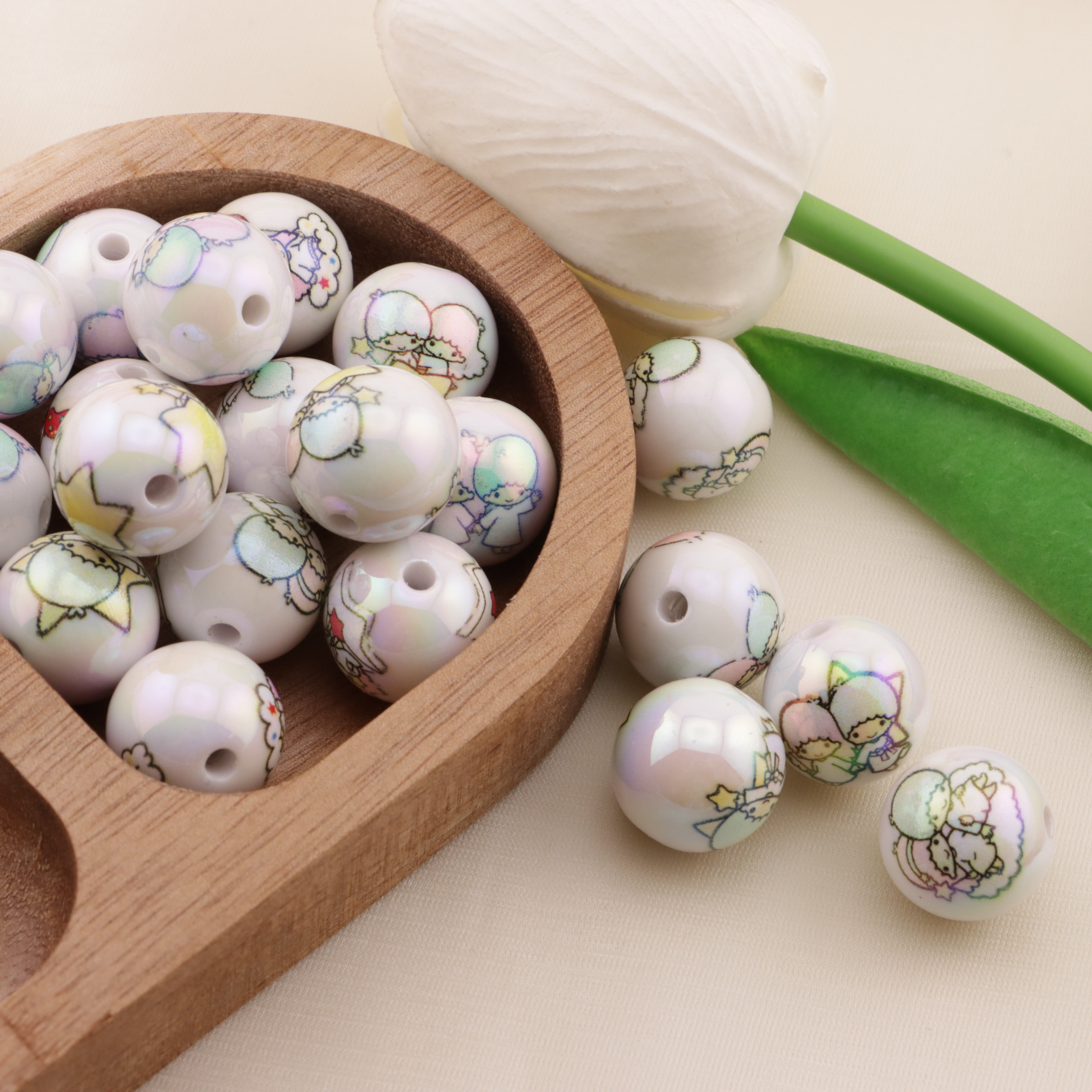FS6496- 16mm White Printed Twin-Star Acrylic Beads Zoe's DIY Shop