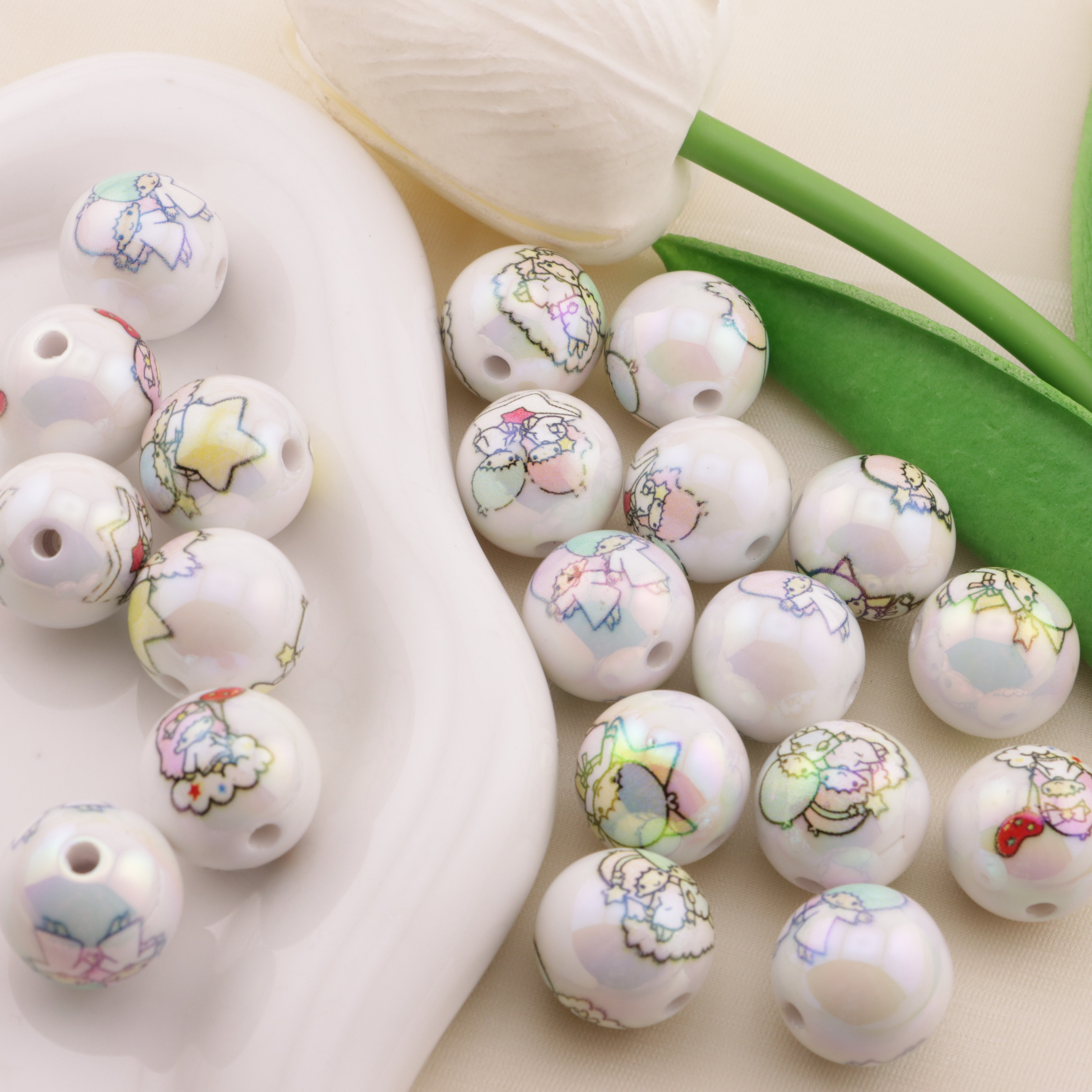 FS6496- 16mm White Printed Twin-Star Acrylic Beads Zoe's DIY Shop