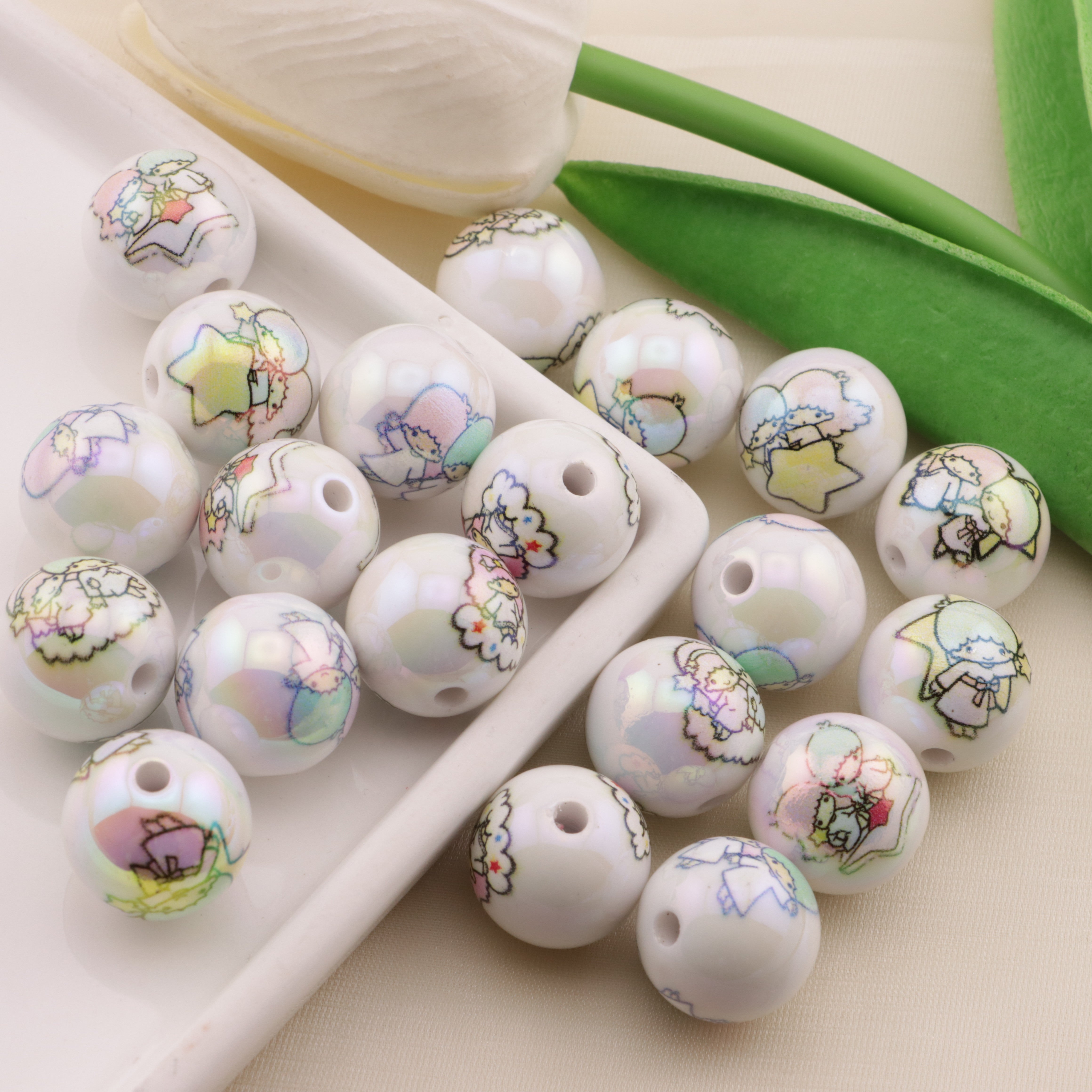 FS6496- 16mm White Printed Twin-Star Acrylic Beads Zoe's DIY Shop