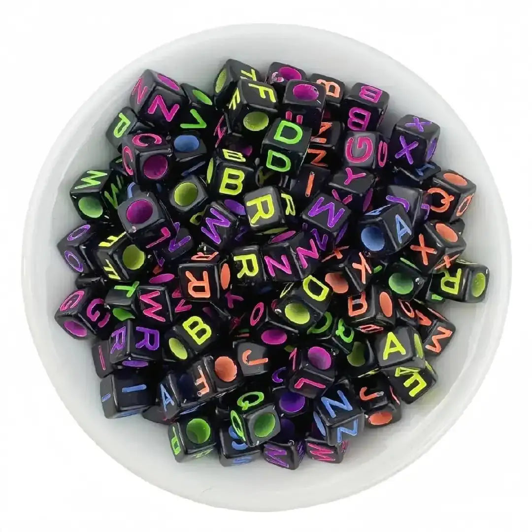 FS6764-6*6MM Square Black Background Colorful English Letter Acrylic Beads 6*6MM Square Silver Based Colorful English Letter Acrylic Beads for DIY Jewellery Making, Bracelets Necklaces -Zoe DIY Wholesale