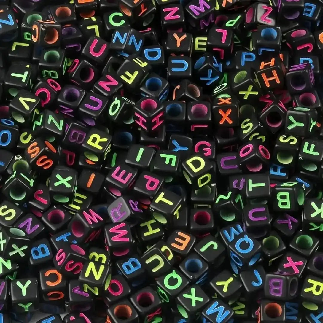FS6764-6*6MM Square Black Background Colorful English Letter Acrylic Beads 6*6MM Square Silver Based Colorful English Letter Acrylic Beads for DIY Jewellery Making, Bracelets Necklaces -Zoe DIY Wholesale