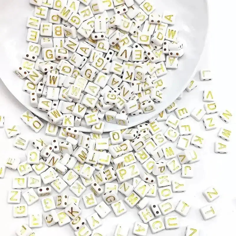 FS6773-8MM Double-hole White Background Gold Letter English Alphabet Acrylic Beads for for Bracelets, Necklaces, Jewellery, DIY -Zoe DIY Wholesale