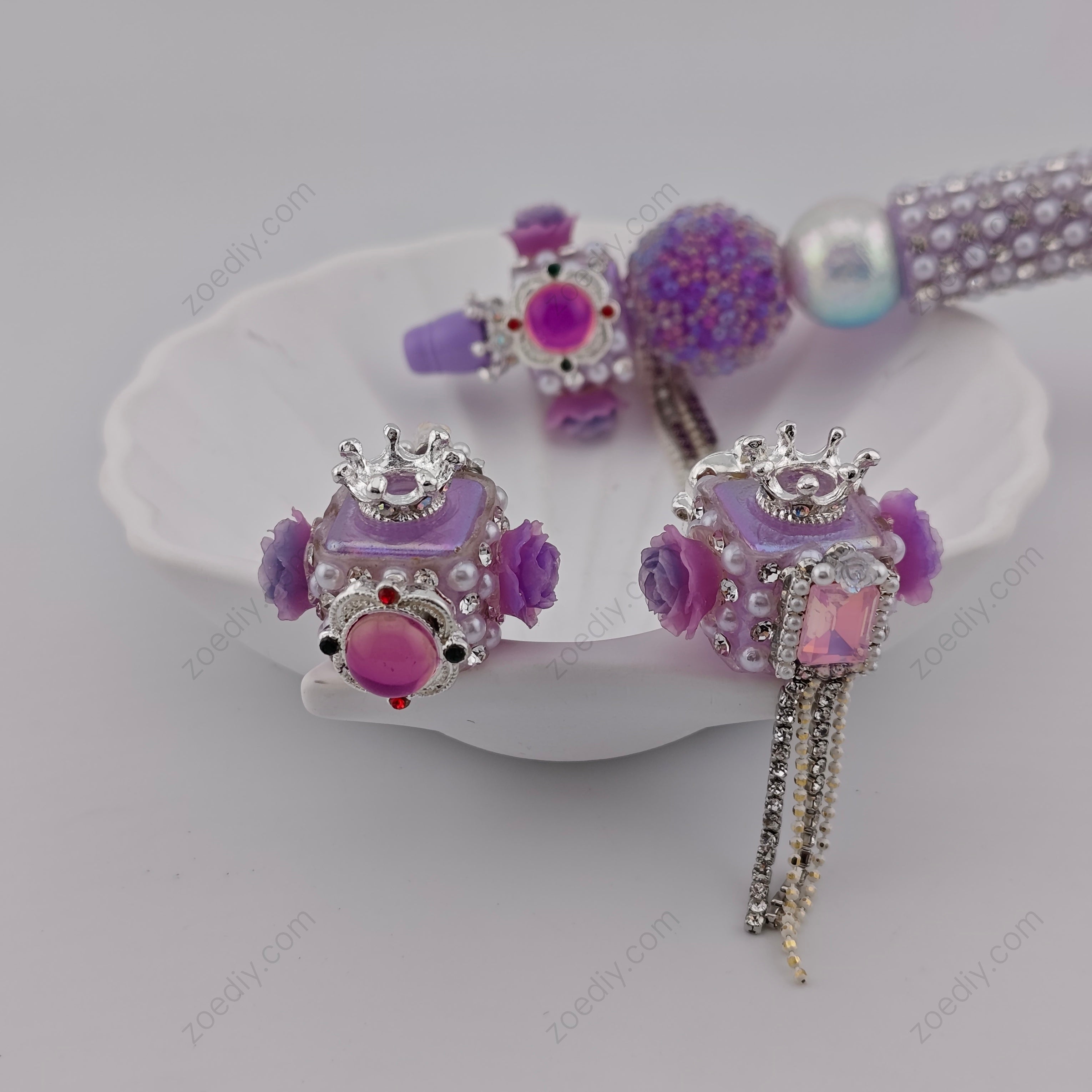 (K974) 1 Piece Purple Pearls Sparkling Beads with Diamonds Tassels and Crown