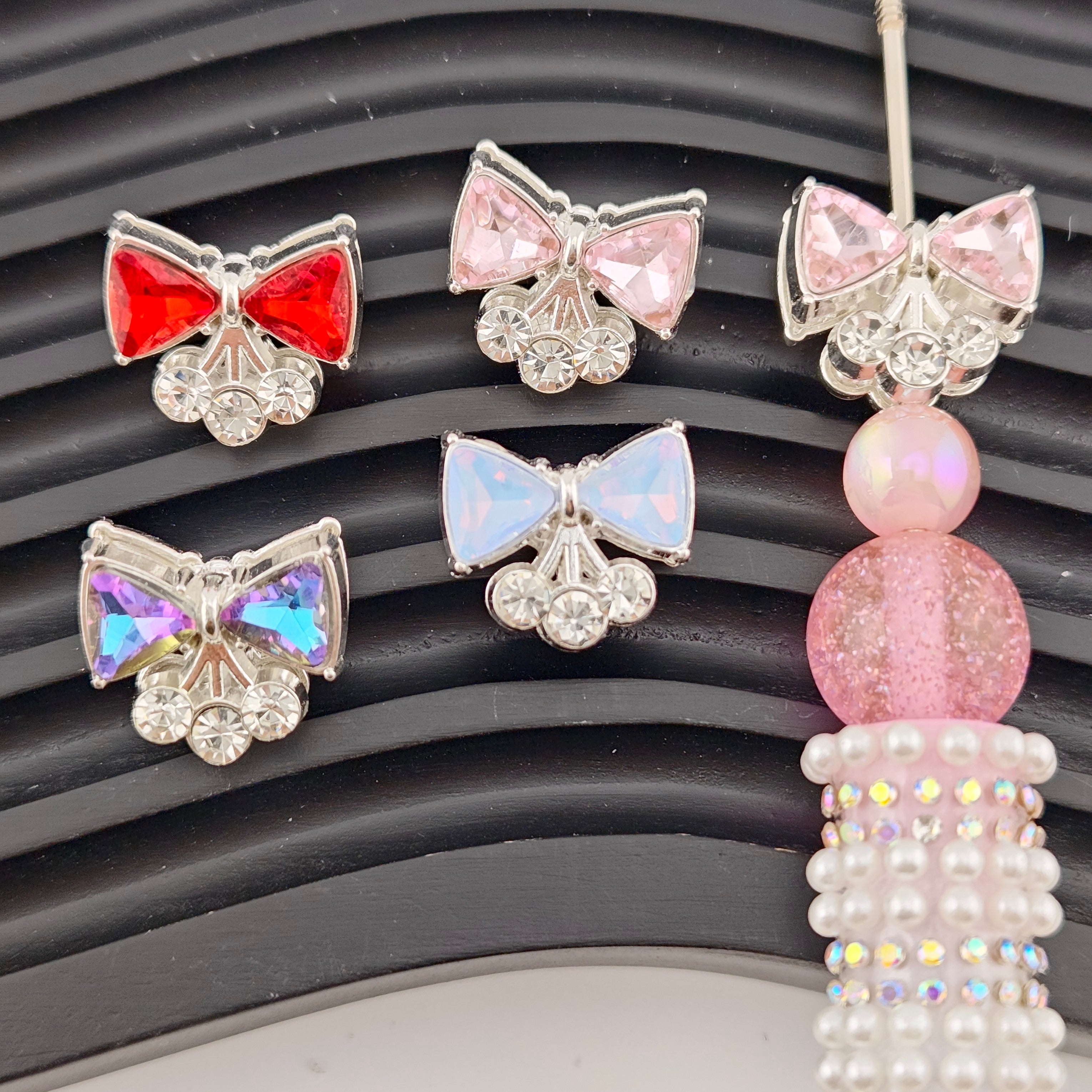 FS2964- 4 Pieces Crystal Cherry Bows Alloy Beads