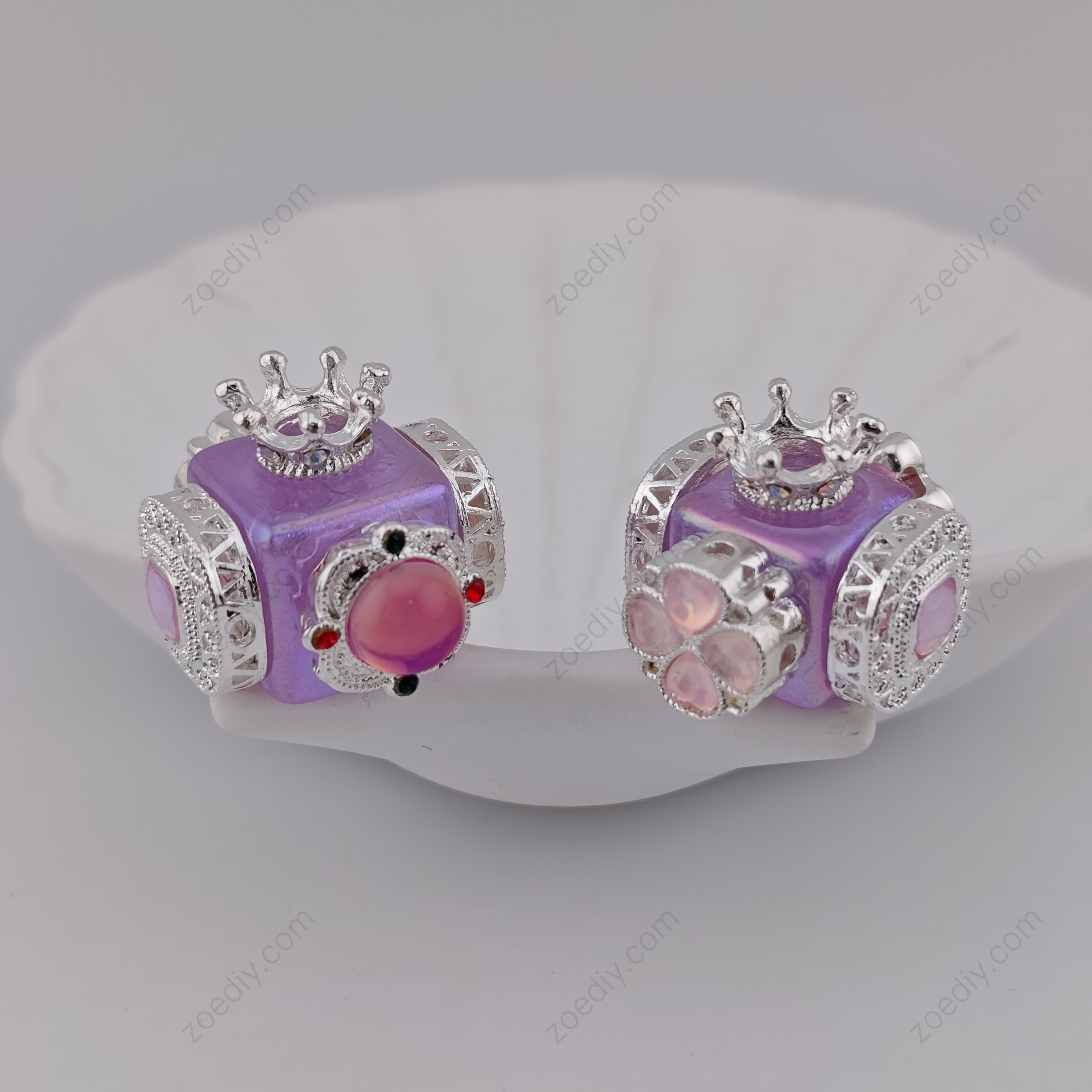 (K972) 1 Piece Silver Sparkling Beads With 4 Pink Heart and Crown
