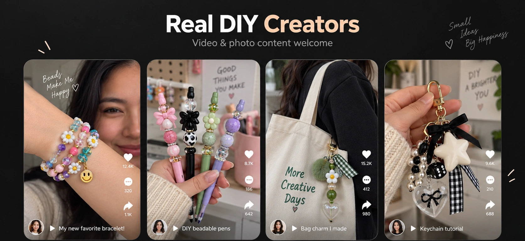Selected four-panel ZoeDIY creator showcase artwork; design mockup, not real creator engagement statistics.