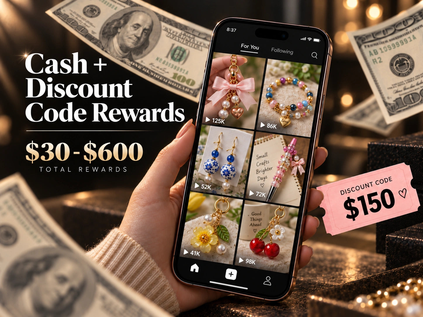 Selected ZoeDIY cash and discount code campaign artwork with real-dollar visual motifs and six DIY styles.